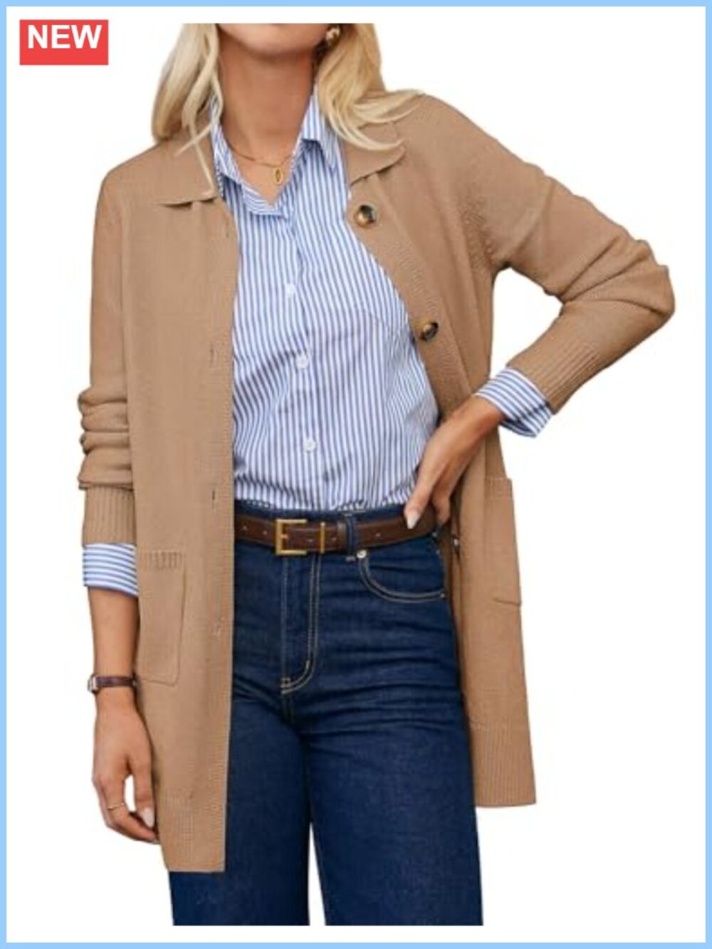 Long Cardigan Sweater with Pockets Button Front Collar Business Casual